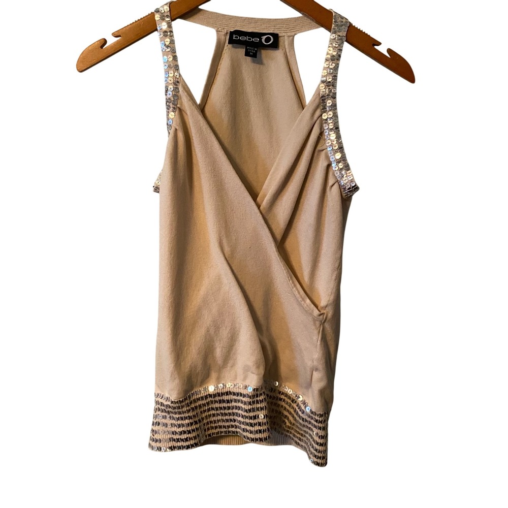 Bebe O Rhinestone Sequin Embellished Wrap Front Tank Top Women's Medium‎ Beige
